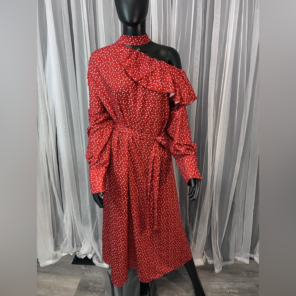 SHEIN Red One Shoulder heart Dot Dress